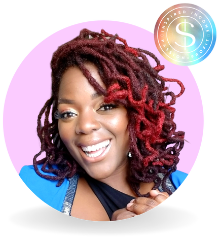 Inspired Income by Tenin Terrell - Smiling woman with burgundy locs inside a lavender circle