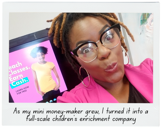 Tenin Terrell, Mini Money Makers | Online Course Digital Product [Woman wearing reading glasses and hot pink blazer smiles in front of television monitor displaying a pink presentation graphic]]