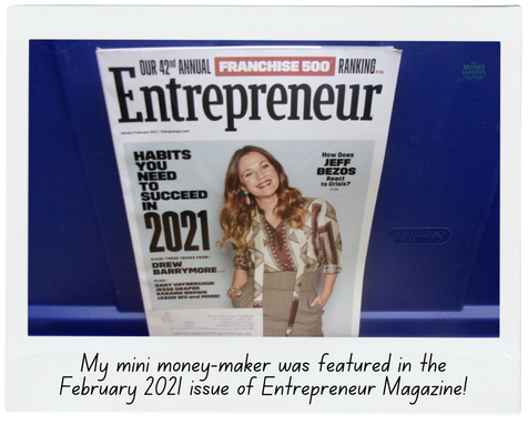 Tenin Terrell, Mini Money Makers | Online Course Digital Product [February 2021 issue of Entrepreneur Magazine leaning against cobalt blue background]