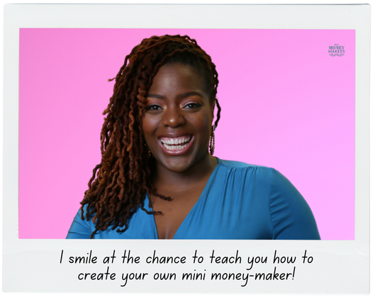 Tenin Terrell, Mini Money Makers | Online Course Digital Product [Woman with locs wearing blue stands against pink ombre background]