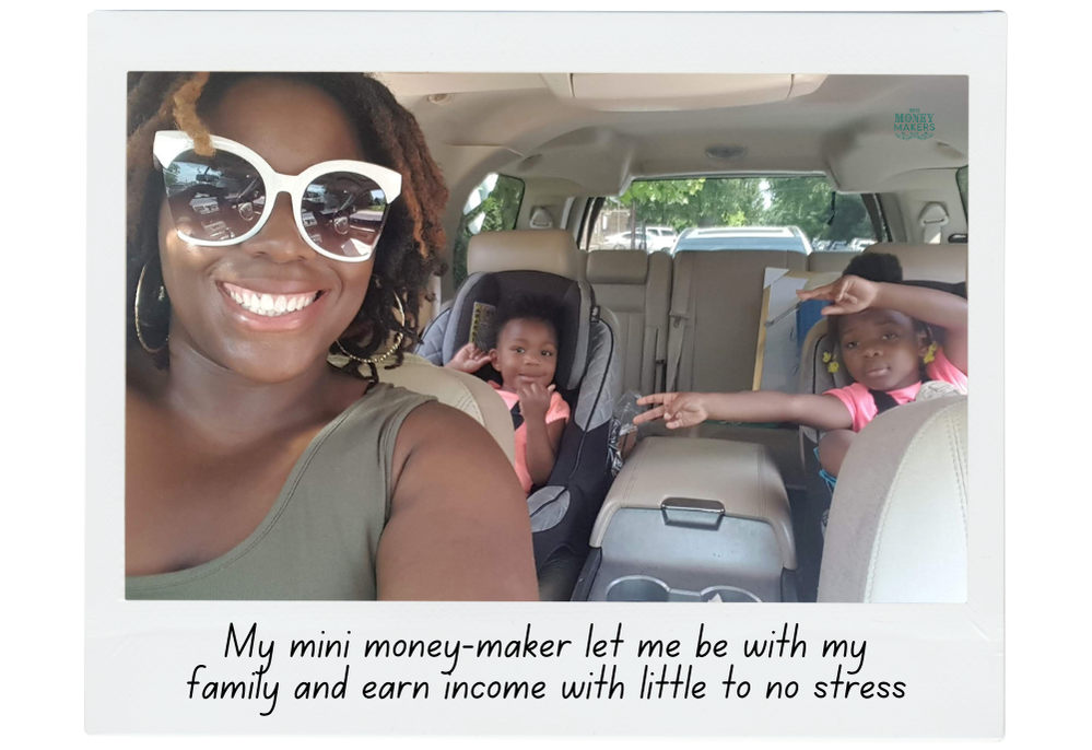 Tenin Terrell, Mini Money Makers | Online Course Digital Product | [Smiling woman in car wearing sunglasses with two small children in the backseat]